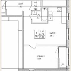 ЖК «Этала», планировка 1-комнатной квартиры, 45.51 м²