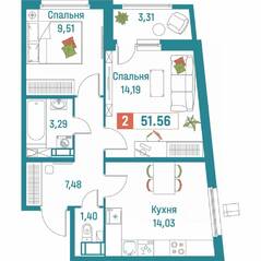ЖК «Графика», планировка 2-комнатной квартиры, 51.56 м²