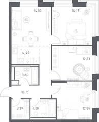 Апарт-комплекс «Верейская 41», планировка 3-комнатной квартиры, 78.34 м²