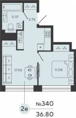ЖК «Bashni Element», планировка 1-комнатной квартиры, 36.80 м²