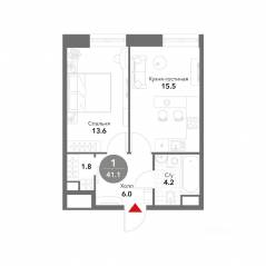 МФК «Voxhall», планировка 1-комнатной квартиры, 41.20 м²