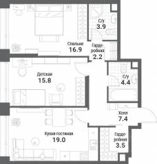 ЖК «Nagatino i-Land», планировка 2-комнатной квартиры, 73.10 м²