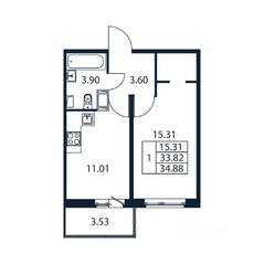 ЖК «Полис ЛАВрики», планировка 1-комнатной квартиры, 34.36 м²