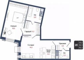 ЖК «Киноквартал», планировка 2-комнатной квартиры, 52.30 м²