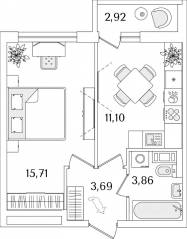 ЖК «Лайнеръ», планировка 1-комнатной квартиры, 35.82 м²