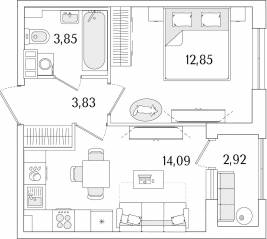 ЖК «Гранат», планировка 1-комнатной квартиры, 36.08 м²