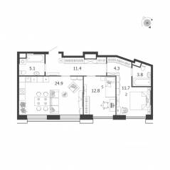 МФК «Voxhall», планировка 2-комнатной квартиры, 74.00 м²