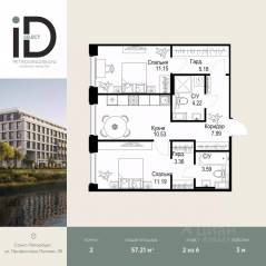 ЖК «ID Petrogradskaya», планировка 2-комнатной квартиры, 57.21 м²