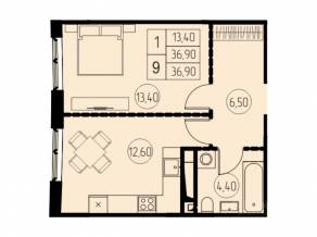 ЖК «7 небо», планировка 1-комнатной квартиры, 36.90 м²