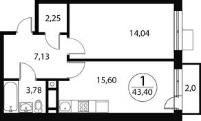 ЖК «Катуар», планировка 1-комнатной квартиры, 43.40 м²