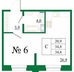 ЖК «Орловский бульвар», планировка студии, 34.80 м²