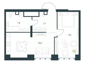 МФК «Level Южнопортовая», планировка 1-комнатной квартиры, 53.30 м²