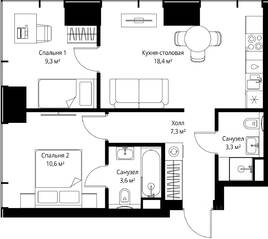 ЖК «Veer», планировка 2-комнатной квартиры, 52.50 м²