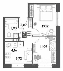 ЖК Арт-квартал «Публицист», планировка 2-комнатной квартиры, 43.87 м²