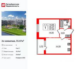ЖК «Парадный ансамбль», планировка 1-комнатной квартиры, 35.47 м²