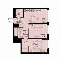 ЖК «ID Murino III», планировка 2-комнатной квартиры, 48.49 м²