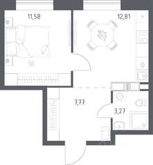 ЖК «Цветочные поляны Экопарк», планировка 1-комнатной квартиры, 35.43 м²