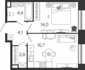 ЖК «Жилой квартал Shagal», планировка 1-комнатной квартиры, 41.70 м²