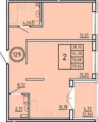МЖК «Образцовый квартал 16», планировка 2-комнатной квартиры, 54.30 м²