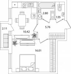 ЖК «Кинопарк», планировка 1-комнатной квартиры, 37.60 м²