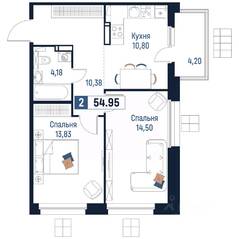 ЖК «Максималист», планировка 2-комнатной квартиры, 54.95 м²