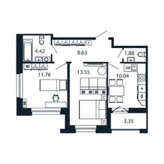 ЖК «Полис Новоселье», планировка 2-комнатной квартиры, 51.96 м²