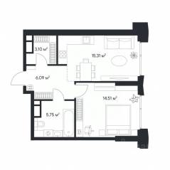 ЖК «1-й Нагатинский», планировка 1-комнатной квартиры, 44.76 м²