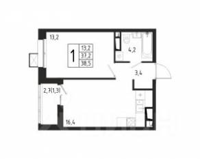 ЖК «Берег», планировка 1-комнатной квартиры, 38.50 м²