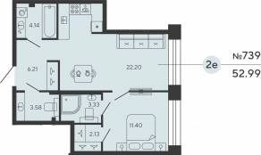 ЖК «Bashni Element», планировка 1-комнатной квартиры, 52.99 м²