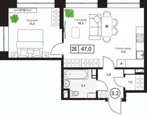 ЖК «Пушкино Град», планировка 1-комнатной квартиры, 47.00 м²