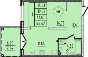 МЖК «Образцовый квартал 14», планировка 1-комнатной квартиры, 39.63 м²