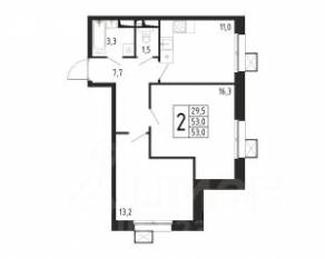 ЖК «Берег», планировка 2-комнатной квартиры, 53.00 м²
