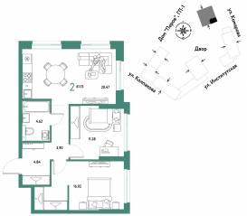 ЖК «Страна.Парковая», планировка 2-комнатной квартиры, 61.13 м²