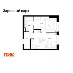 ЖК «Заречный парк», планировка 1-комнатной квартиры, 33.90 м²