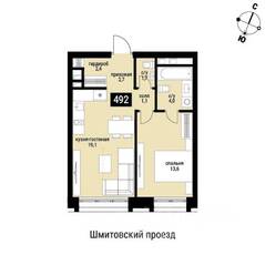 ЖК «Шелепиха», планировка 1-комнатной квартиры, 44.60 м²