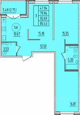 МЖК «Образцовый квартал 17», планировка 3-комнатной квартиры, 79.94 м²