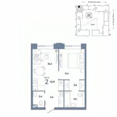 ЖК «Страна.Заречная», планировка 2-комнатной квартиры, 42.00 м²