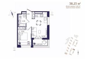 ЖК «Ranta Residence», планировка 1-комнатной квартиры, 38.23 м²