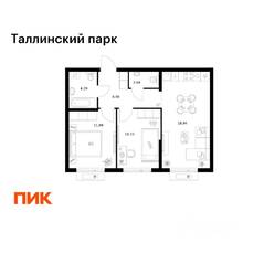 ЖК «Таллинский парк», планировка 2-комнатной квартиры, 53.67 м²