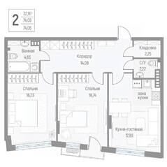 МЖК «Эльйон», планировка 2-комнатной квартиры, 74.10 м²