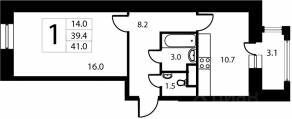 ЖК Город-событие «Лайково», планировка 1-комнатной квартиры, 39.70 м²