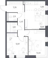 ЖК «Новое Видное», планировка 2-комнатной квартиры, 55.60 м²