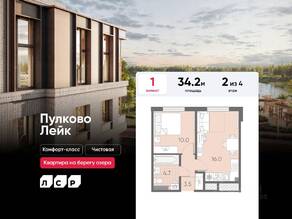 МЖК «Пулково Lake», планировка 1-комнатной квартиры, 34.20 м²