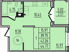 МЖК «Образцовый квартал 14», планировка 1-комнатной квартиры, 39.75 м²