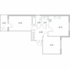 МЖК «Любоград», планировка 2-комнатной квартиры, 57.61 м²