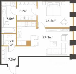 ЖК «Институтский, 16», планировка 1-комнатной квартиры, 62.10 м²