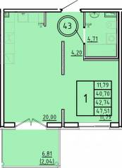 МЖК «Образцовый квартал 16», планировка 1-комнатной квартиры, 40.70 м²