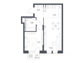 ЖК «Большое Путилково», планировка 1-комнатной квартиры, 45.16 м²