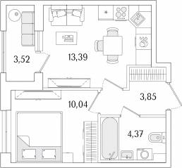 ЖК «Гранат», планировка 1-комнатной квартиры, 33.41 м²