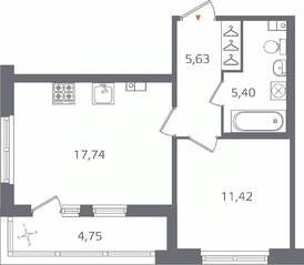 ЖК «Б15», планировка 1-комнатной квартиры, 42.57 м²